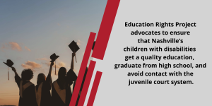 Banner photo/graphic: On the left four students wave their high school graduation caps and tassels into the sunset and clouds. Four decorative red lines separate the photo from the Education Rights Project mission statement.